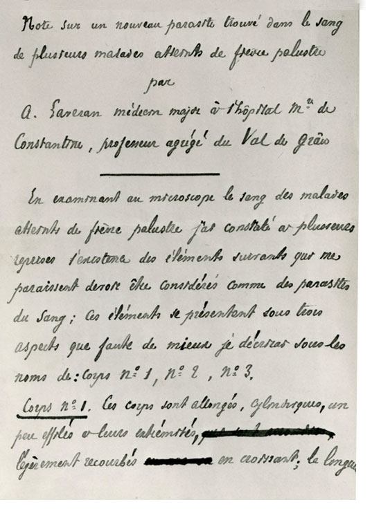 Manuscript notice of Laveran communicating his findings to the National French Academy of Medicine a few weeks after his discovery