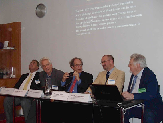 Speakers at the Round table "Tropical Medicine and Global Health : how to walk side by side", one of the Commemorative Events of the Centennial of the I International Congress on Tropical Medicine, held in Copenhagen, Denmark during the 8th European Congress on Tropical Medicine and International Health. From the left to the right, Eduardo Gotuzzo (Peru), Thomas Junghanss (Germany), Cláudio Tadeu Daniel-Ribeiro (Brazil), Francesco Castelli (Italy) and José Rodrigues Coura (Brazil). 